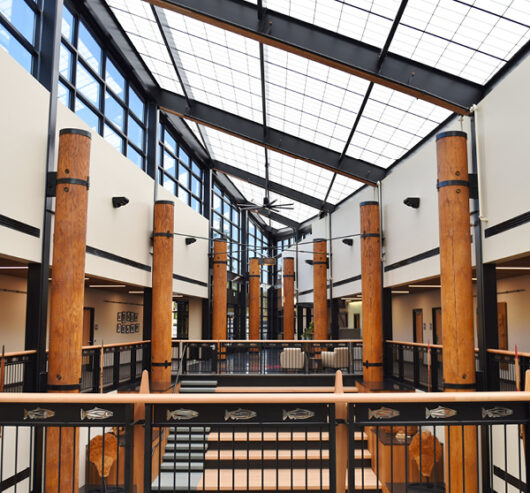 Building lobby and entryway for Stillaguamish Tribe of Indians Administration Building featuring Kalwall skylight